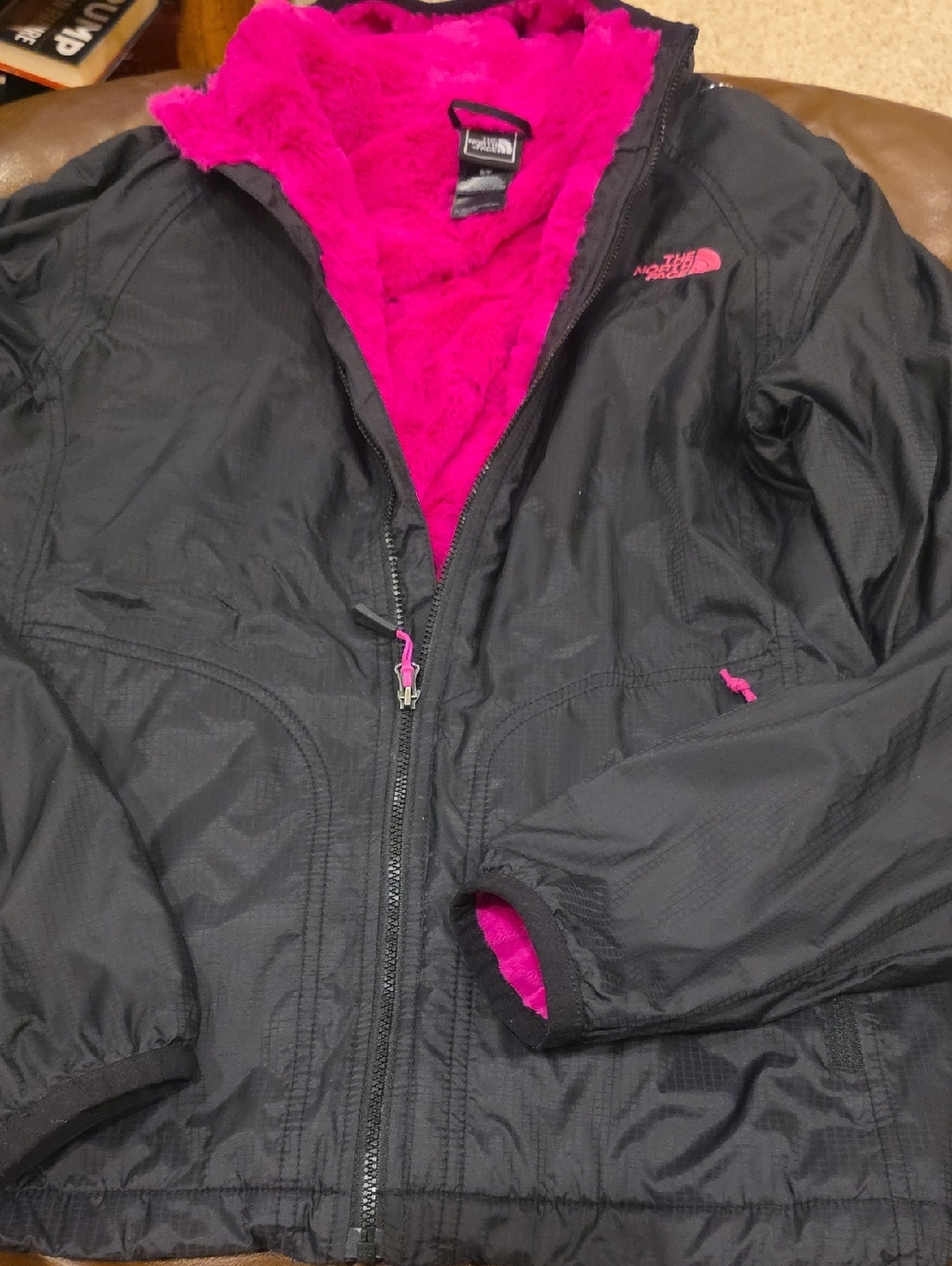 The North Face Pink Fleece Lined Black Windbreaker Jacket Sz SMALL
